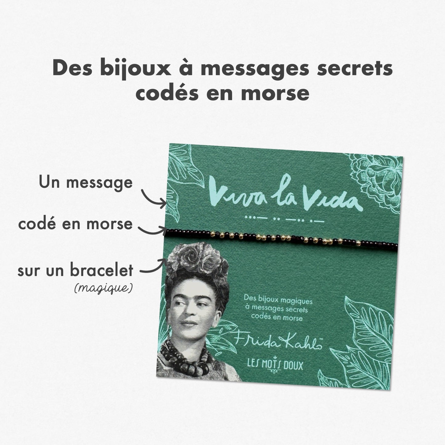 Bracelet code morse Frida Kahlo - Viva la vida - noir